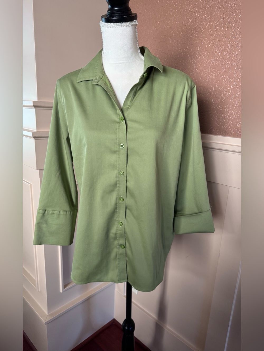 Chico's Olive Green Button-Front Shirt 3/4 sleeves